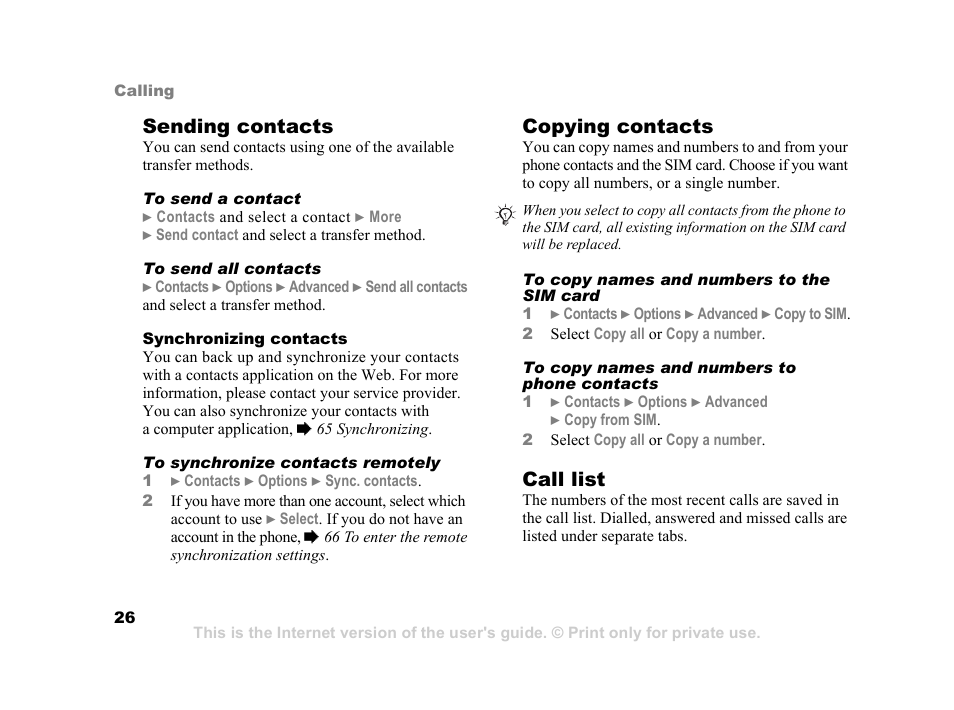 26 call list, Sending contacts, Copying contacts | Call list | Sony K600i User Manual | Page 26 / 100