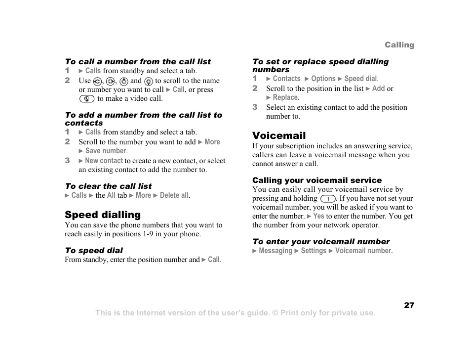 Speed dialling, Voicemail | Sony K600i User Manual | Page 27 / 100