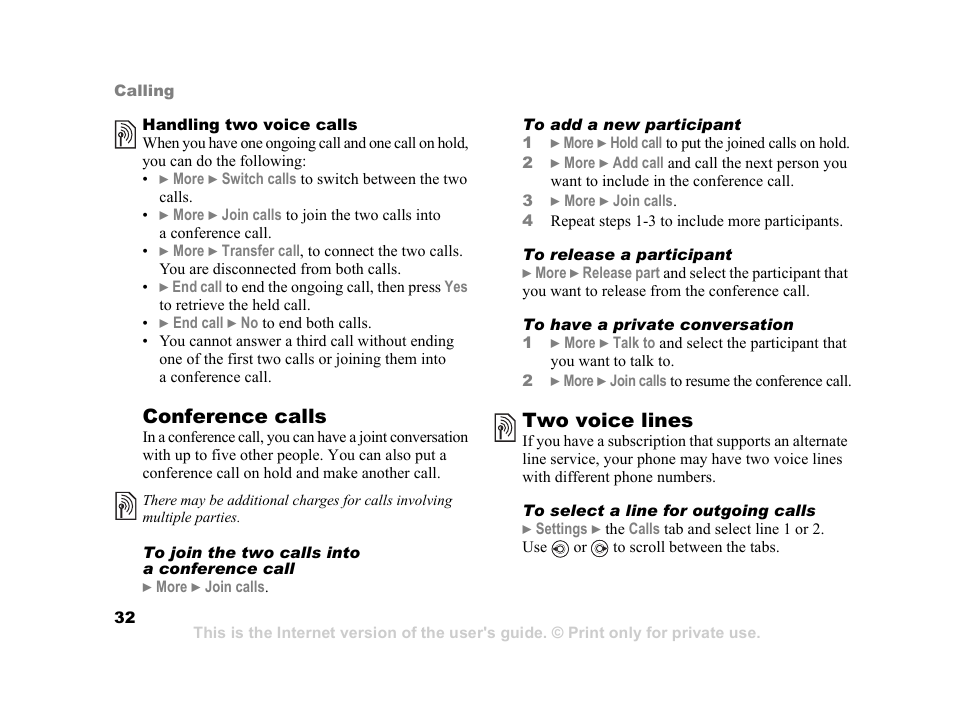 Conference calls, Two voice lines | Sony K600i User Manual | Page 32 / 100