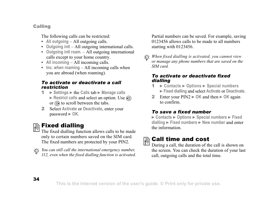 Fixed dialling, Call time and cost | Sony K600i User Manual | Page 34 / 100