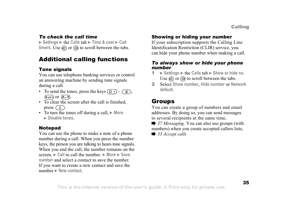 Additional calling functions, Groups | Sony K600i User Manual | Page 35 / 100
