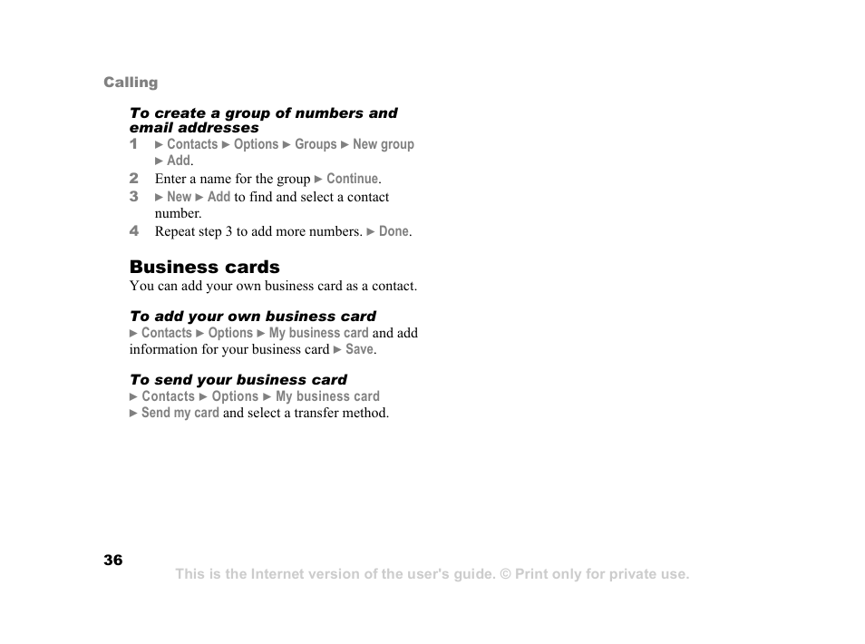 Business cards | Sony K600i User Manual | Page 36 / 100