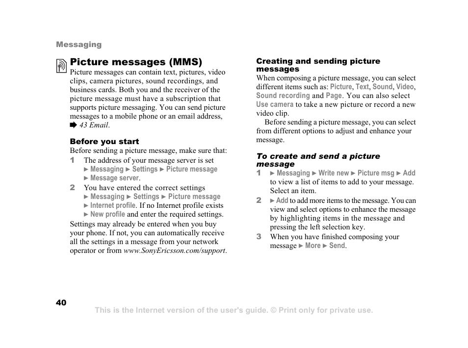 Picture messages (mms) | Sony K600i User Manual | Page 40 / 100