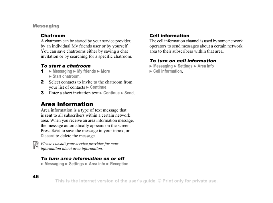 Area information | Sony K600i User Manual | Page 46 / 100