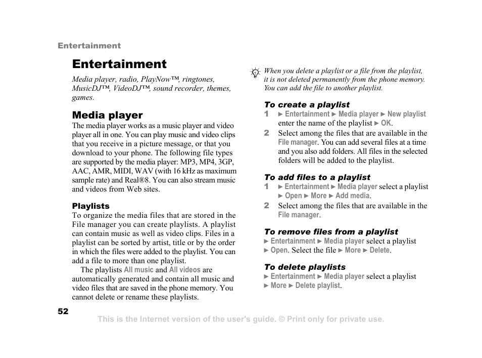 Entertainment, Media player | Sony K600i User Manual | Page 52 / 100