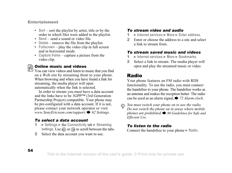 Radio | Sony K600i User Manual | Page 54 / 100