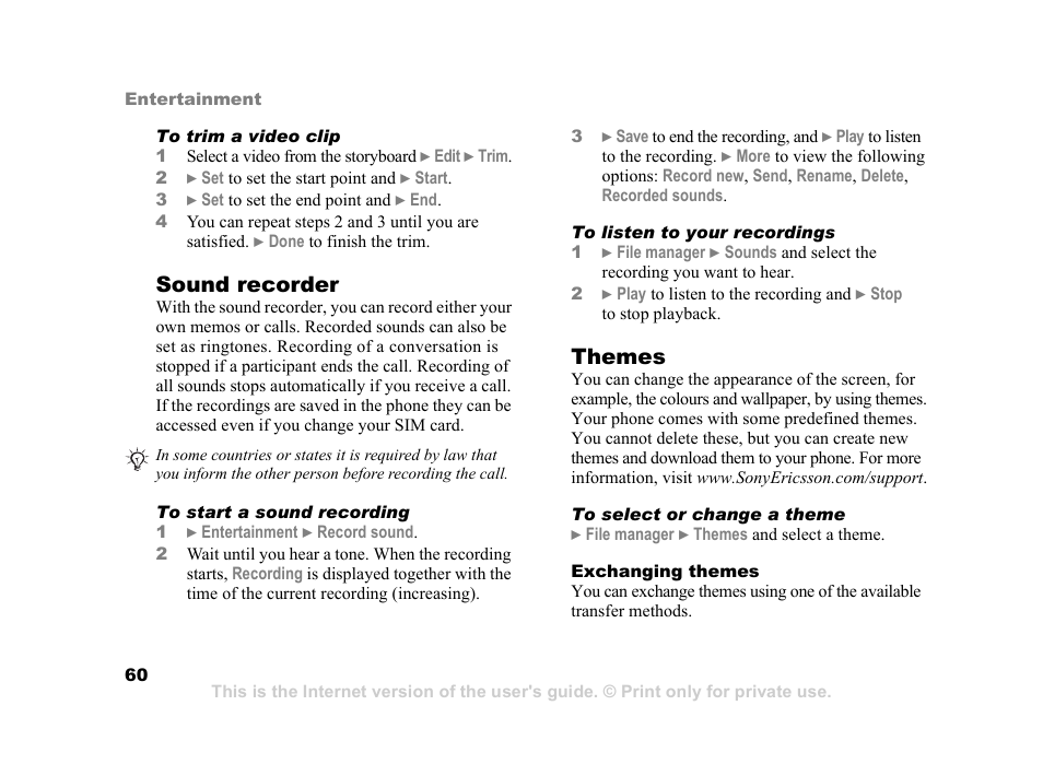 60 to start a sound recording, Sound recorder, Themes | Sony K600i User Manual | Page 60 / 100