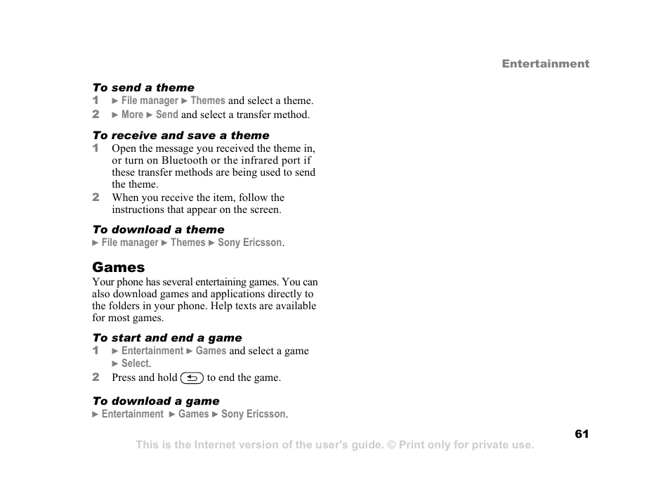 Games | Sony K600i User Manual | Page 61 / 100