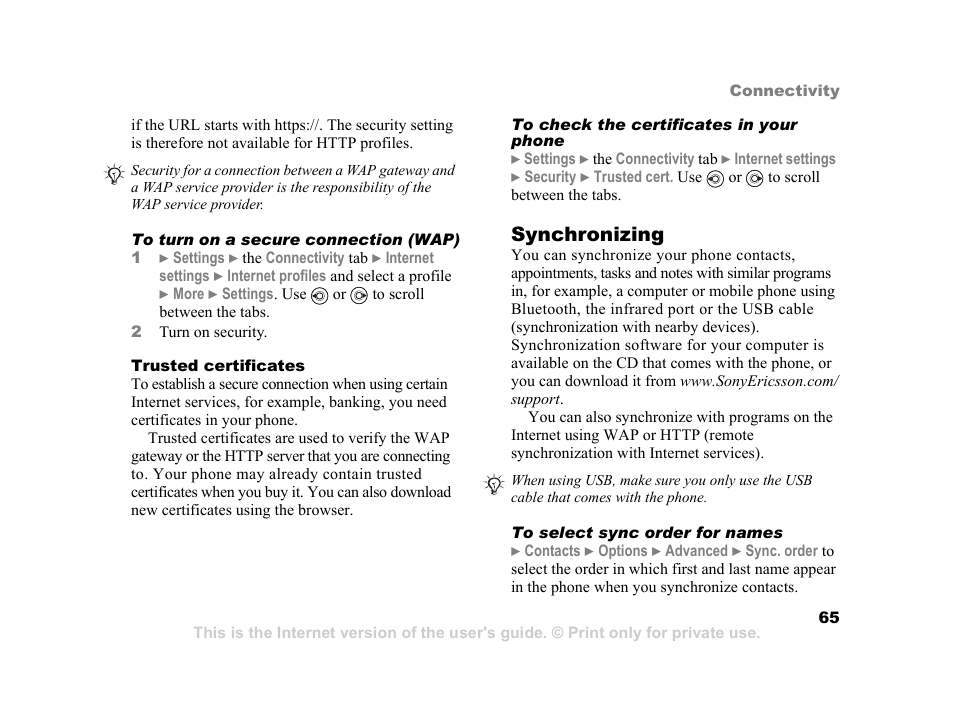 A computer application, 65 synchronizing, Synchronizing | Sony K600i User Manual | Page 65 / 100