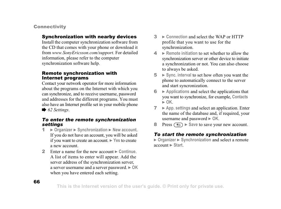 Account in the phone, 66 to enter the remote, Synchronization settings | Sony K600i User Manual | Page 66 / 100