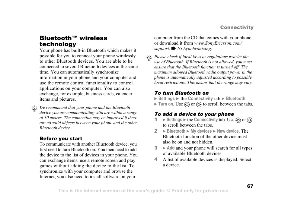 Bluetooth™ wireless technology | Sony K600i User Manual | Page 67 / 100