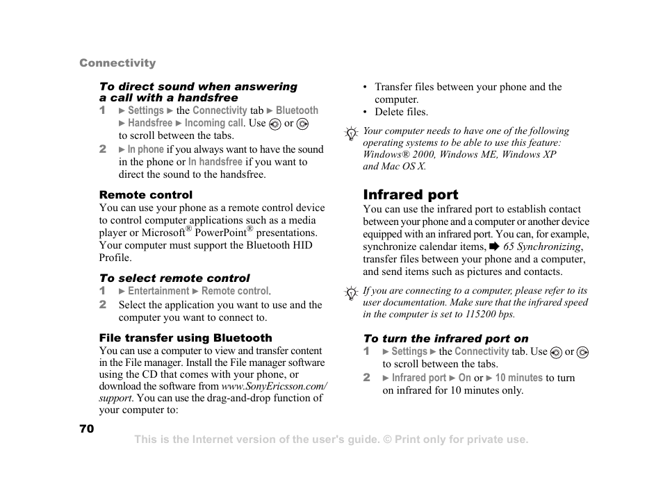 A computer, 70 file transfer using bluetooth, Infrared port | Sony K600i User Manual | Page 70 / 100