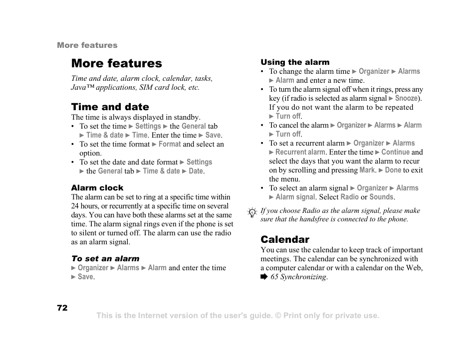 More features, 72 alarm clock, Time and date | Calendar | Sony K600i User Manual | Page 72 / 100