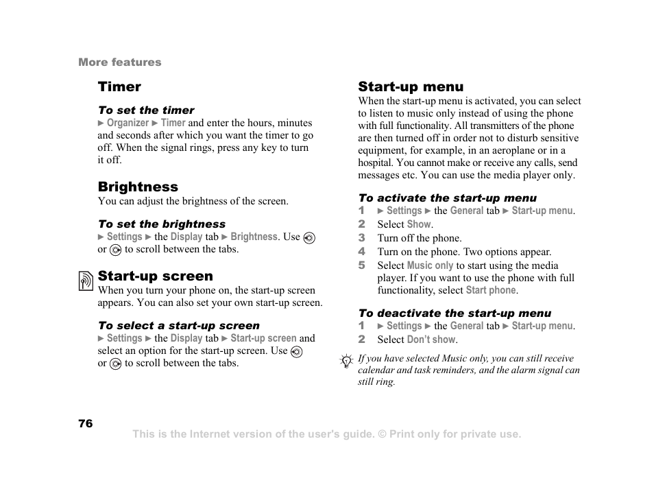 Timer, Brightness, Start-up screen | Start-up menu | Sony K600i User Manual | Page 76 / 100