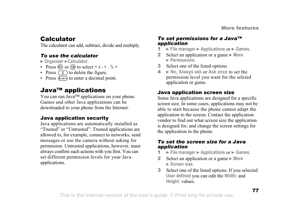 Calculator, Java™ applications | Sony K600i User Manual | Page 77 / 100