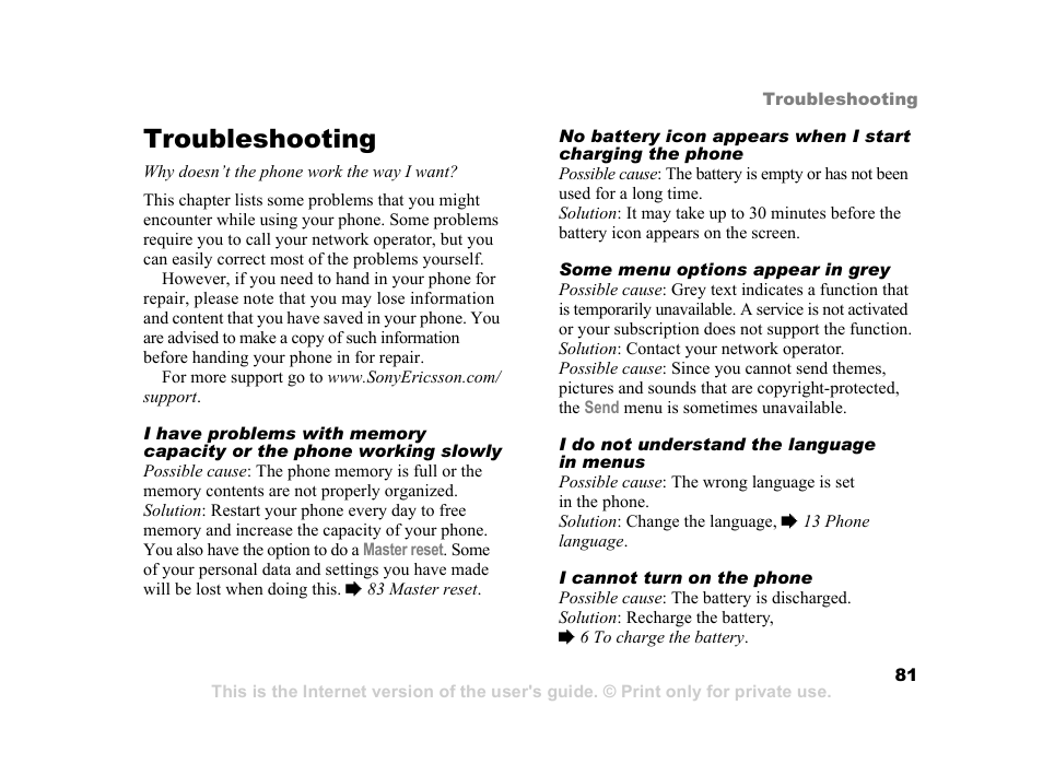 Troubleshooting | Sony K600i User Manual | Page 81 / 100
