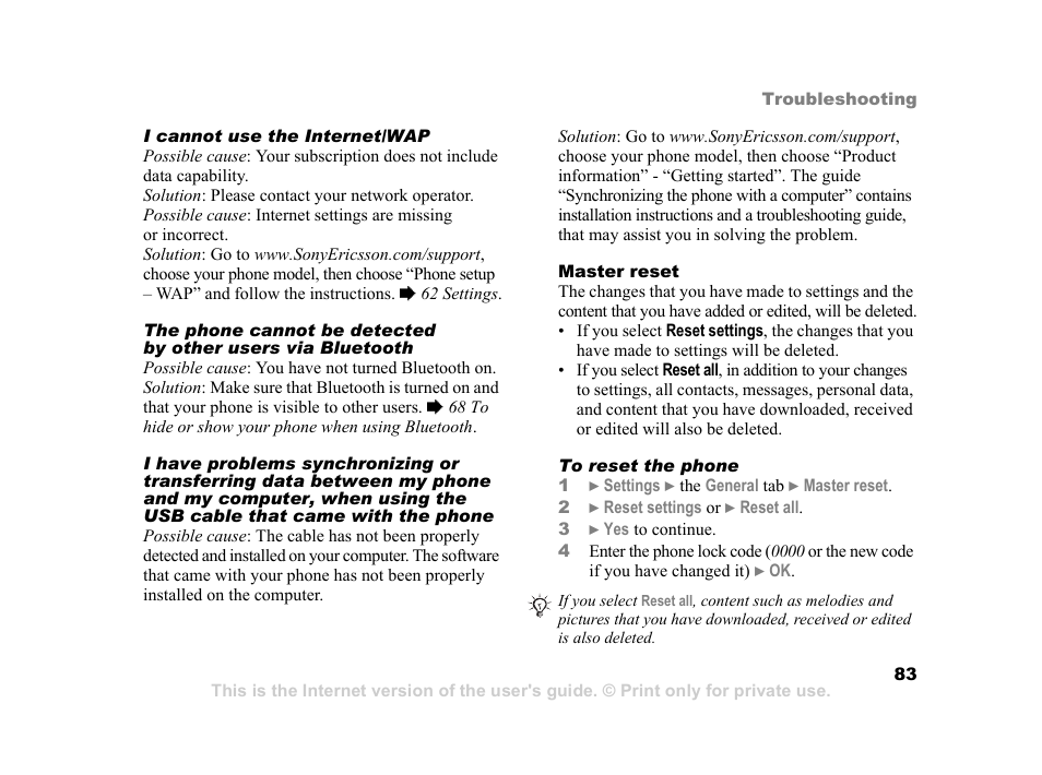 Will be lost when doing this, 83 master reset | Sony K600i User Manual | Page 83 / 100