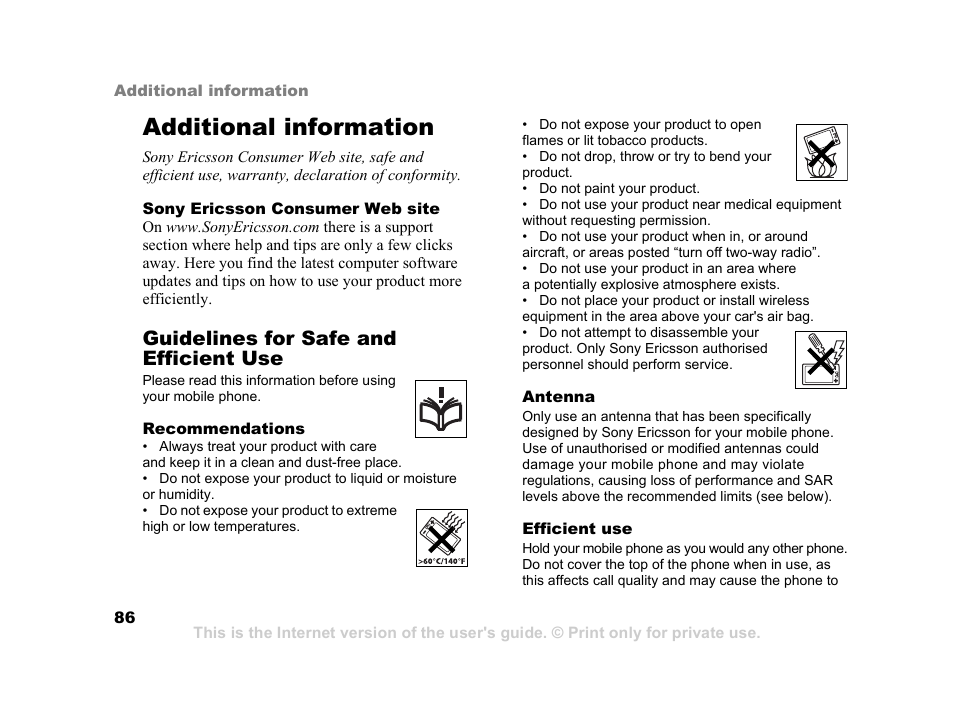 Additional information, 86 guidelines for safe and, Efficient use | Guidelines for safe and efficient use | Sony K600i User Manual | Page 86 / 100