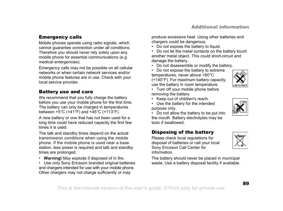 89 battery use and care | Sony K600i User Manual | Page 89 / 100