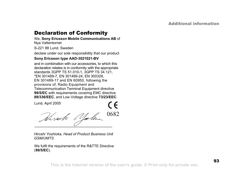 Declaration of conformity | Sony K600i User Manual | Page 93 / 100