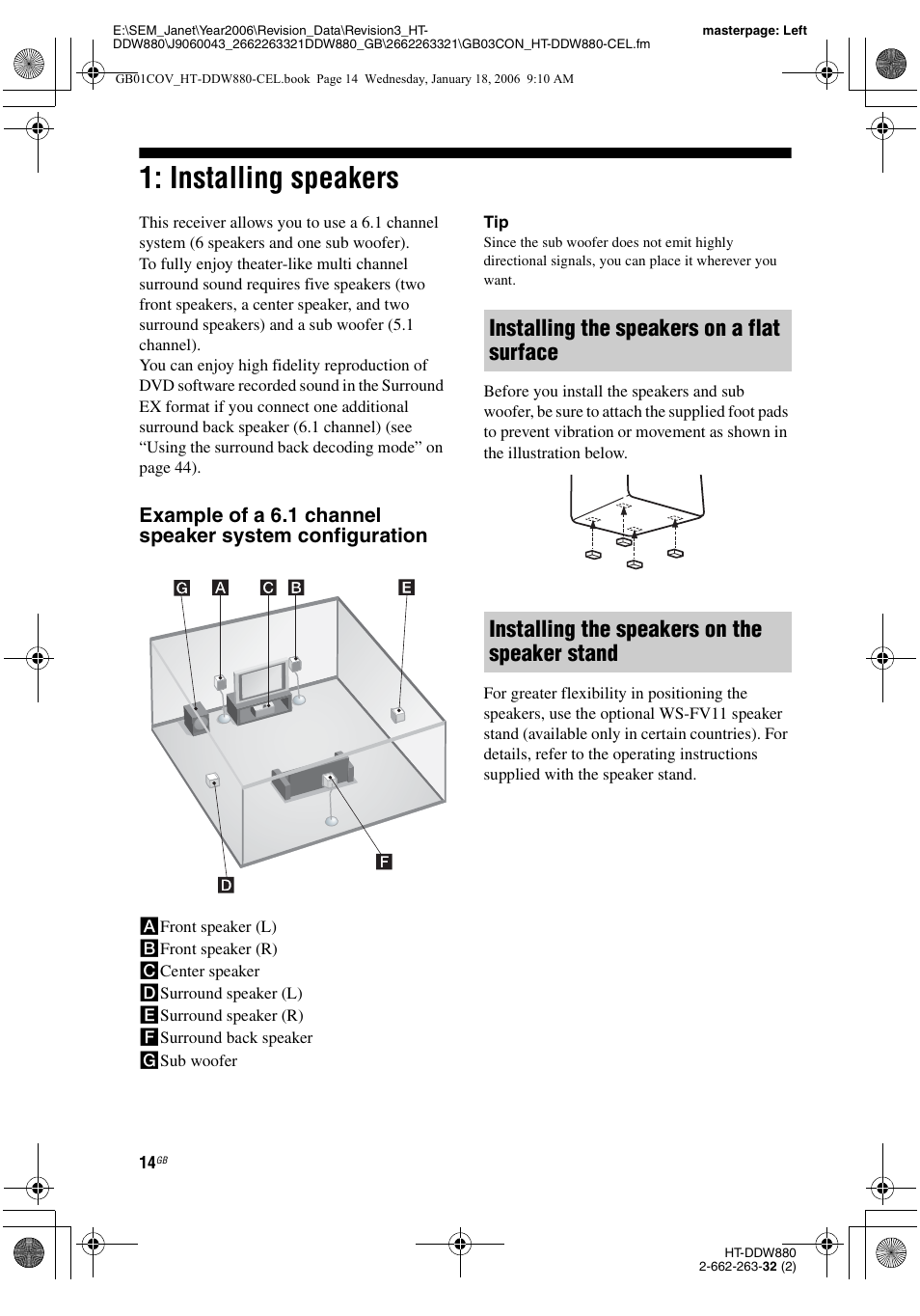 Installing speakers | Sony HT-DDW880 User Manual | Page 14 / 80