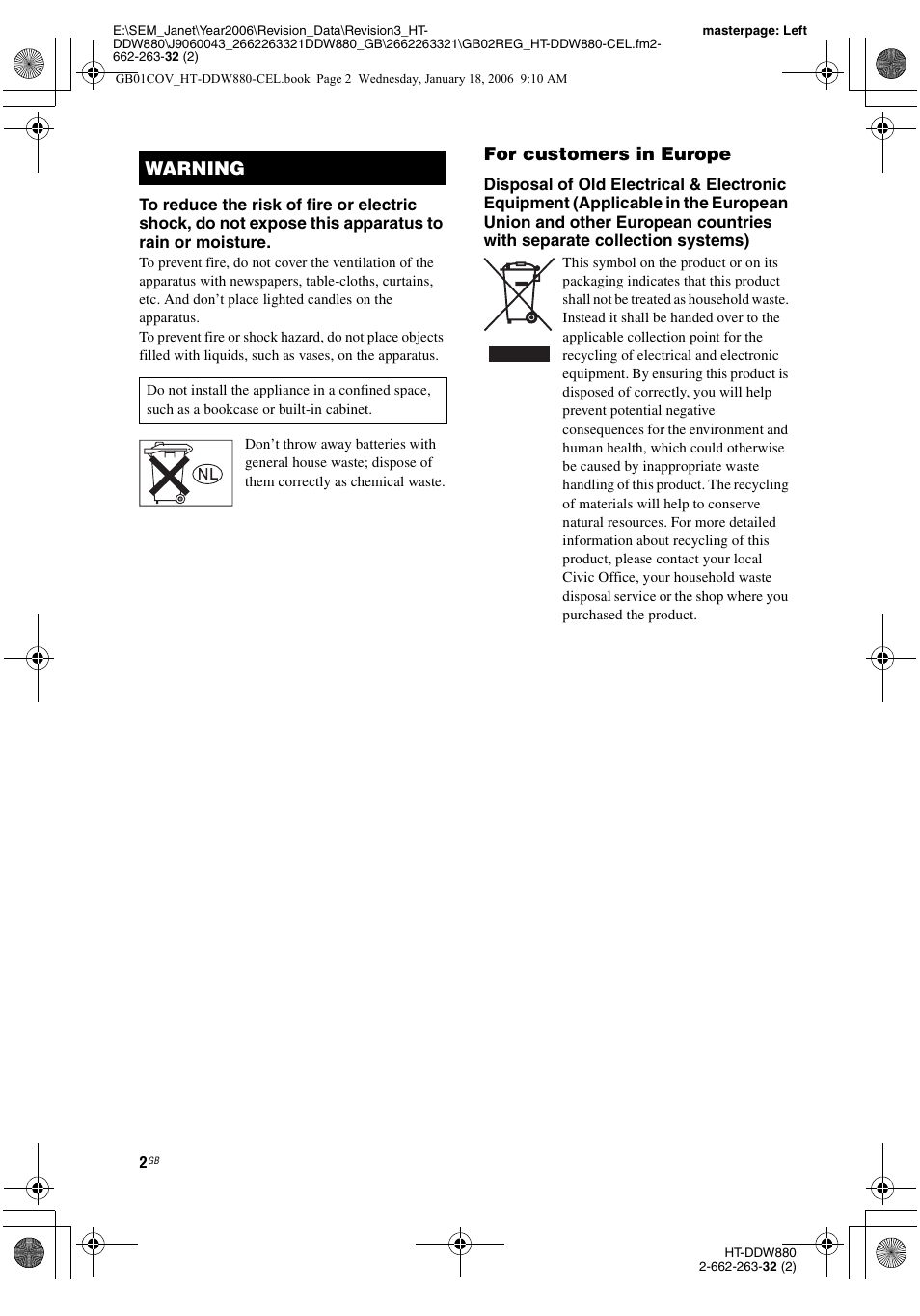 For customers in europe, Warning | Sony HT-DDW880 User Manual | Page 2 / 80