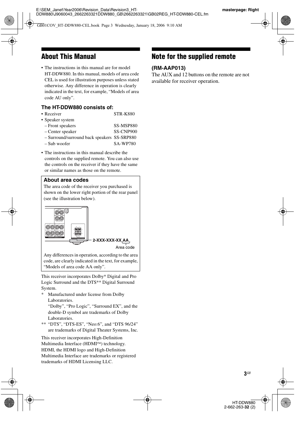 About this manual, The ht-ddw880 consists of | Sony HT-DDW880 User Manual | Page 3 / 80