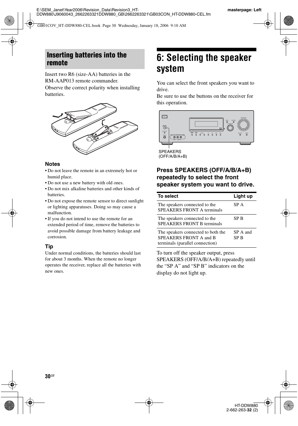 Selecting the speaker system, Inserting batteries into the remote | Sony HT-DDW880 User Manual | Page 30 / 80