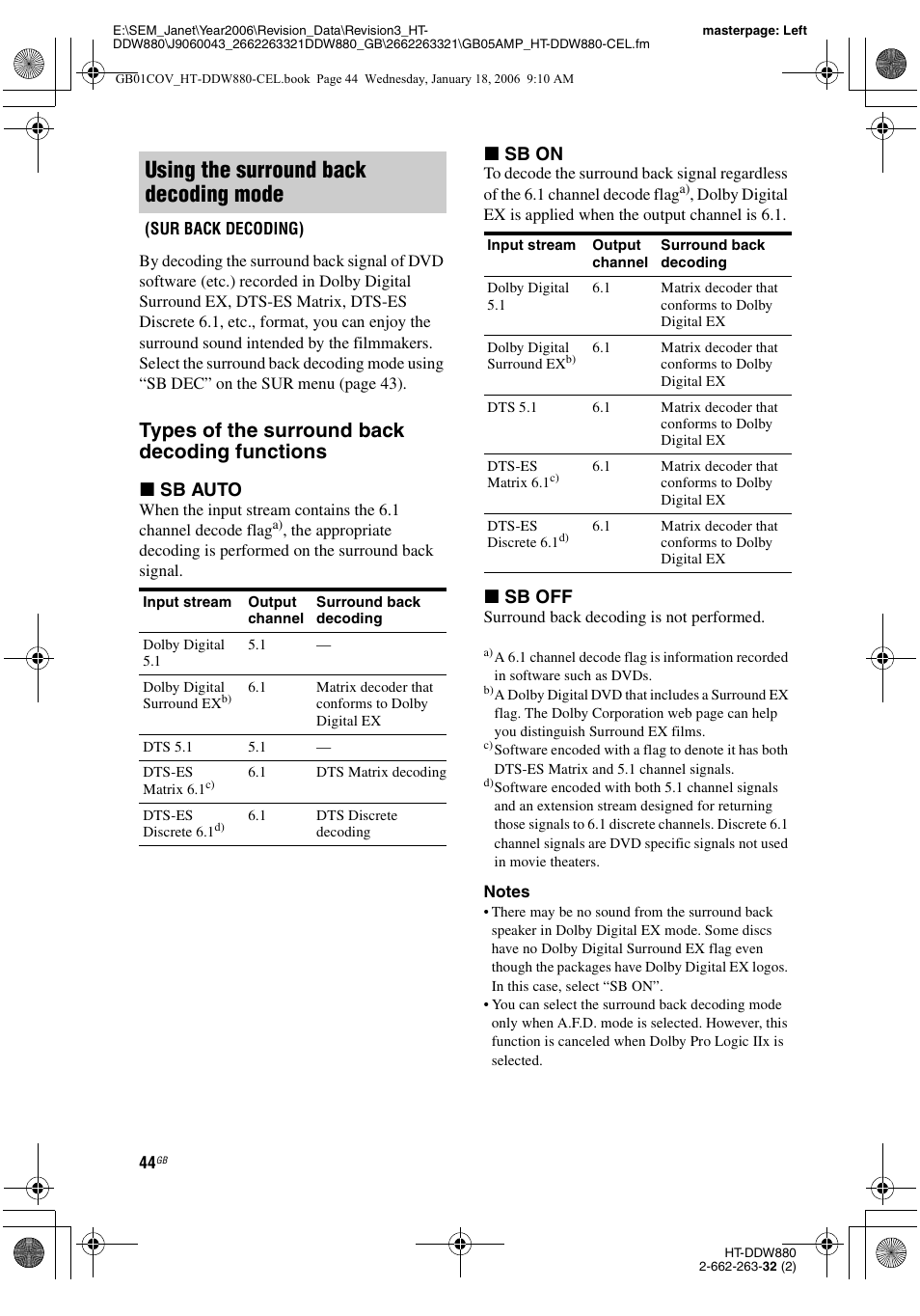 Using the surround back decoding mode, Types of the surround back decoding functions, X sb auto | X sb on, X sb off | Sony HT-DDW880 User Manual | Page 44 / 80