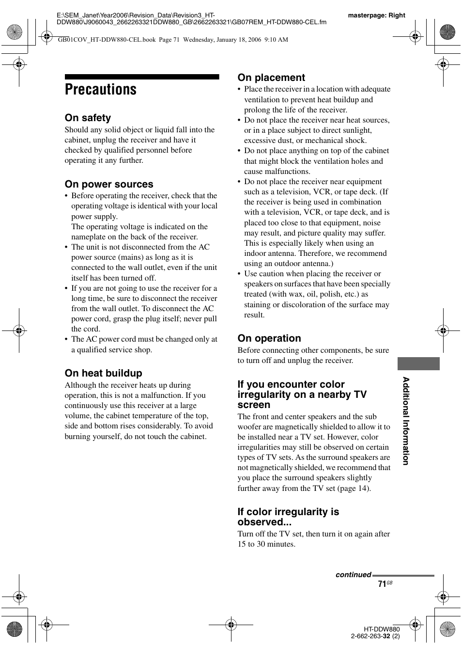 Precautions, On safety, On power sources | On heat buildup, On placement, On operation, If color irregularity is observed | Sony HT-DDW880 User Manual | Page 71 / 80