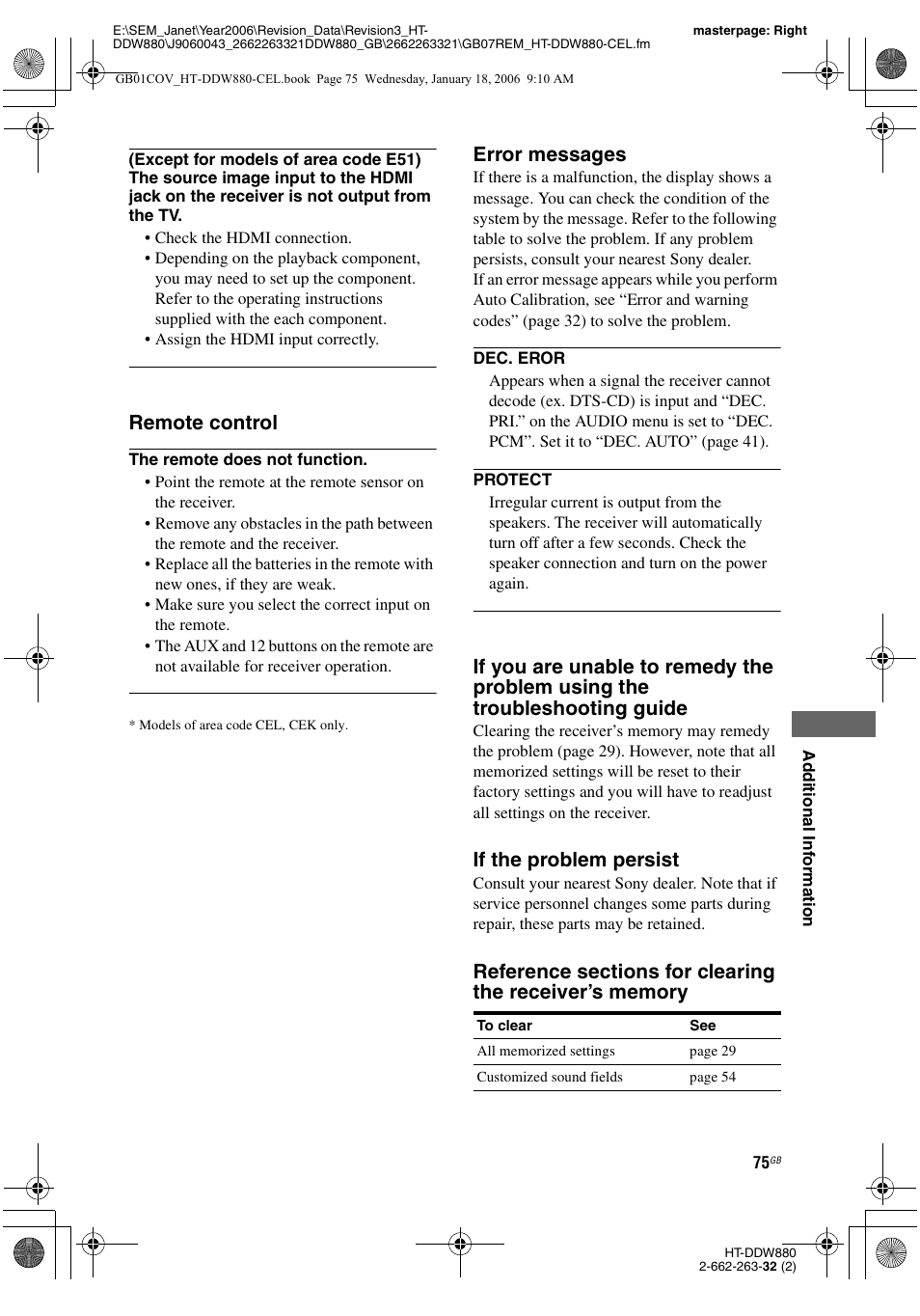 Remote control, Error messages, If the problem persist | Sony HT-DDW880 User Manual | Page 75 / 80