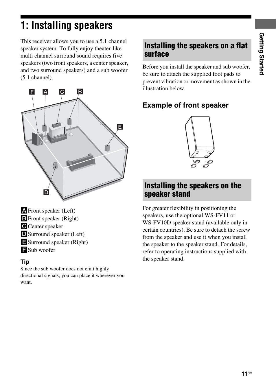 Installing speakers | Sony model HTP-78SS User Manual | Page 11 / 60