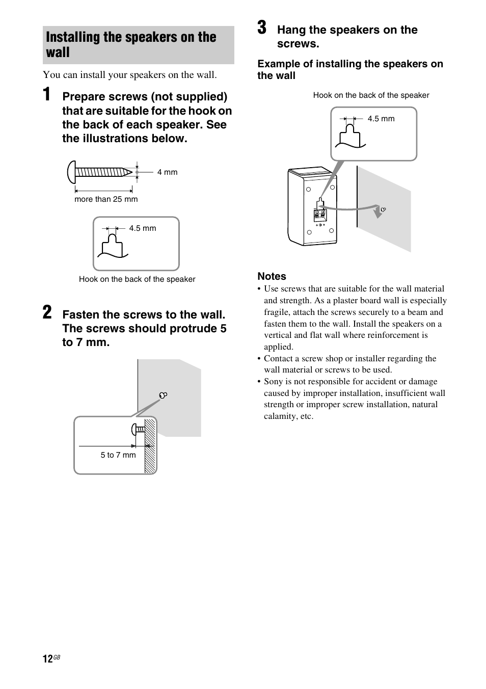 Installing the speakers on the wall | Sony model HTP-78SS User Manual | Page 12 / 60