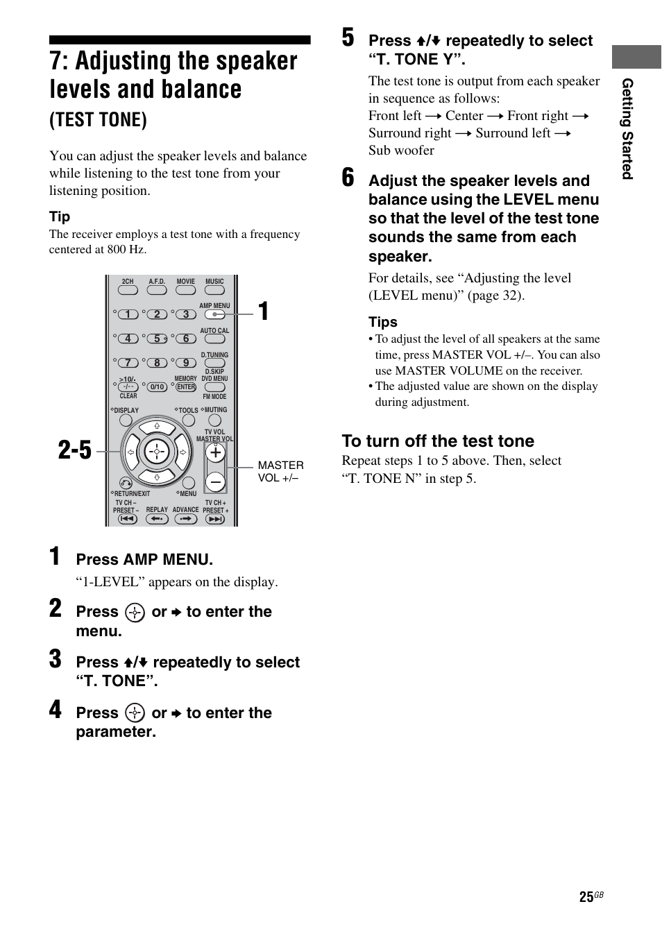 Adjusting the speaker levels and, Balance (test tone), Adjusting the speaker levels and balance | Test tone), Press amp menu, Press or b to enter the menu, Press v / v repeatedly to select “t. tone, Press or b to enter the parameter, Press v / v repeatedly to select “t. tone y | Sony model HTP-78SS User Manual | Page 25 / 60