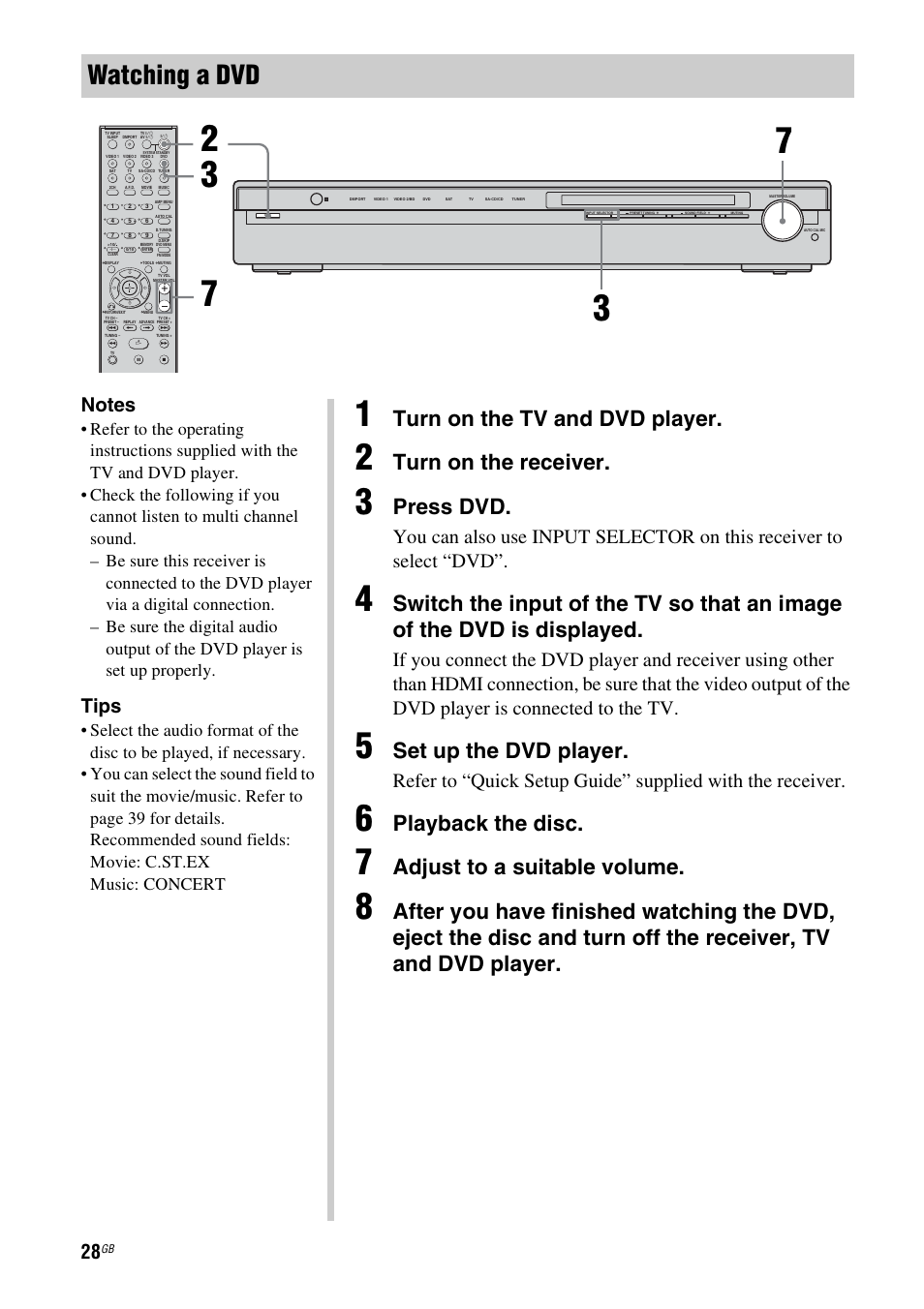 Watching a dvd, Turn on the tv and dvd player, Turn on the receiver | Press dvd, Set up the dvd player, Playback the disc, Adjust to a suitable volume, Tips | Sony model HTP-78SS User Manual | Page 28 / 60