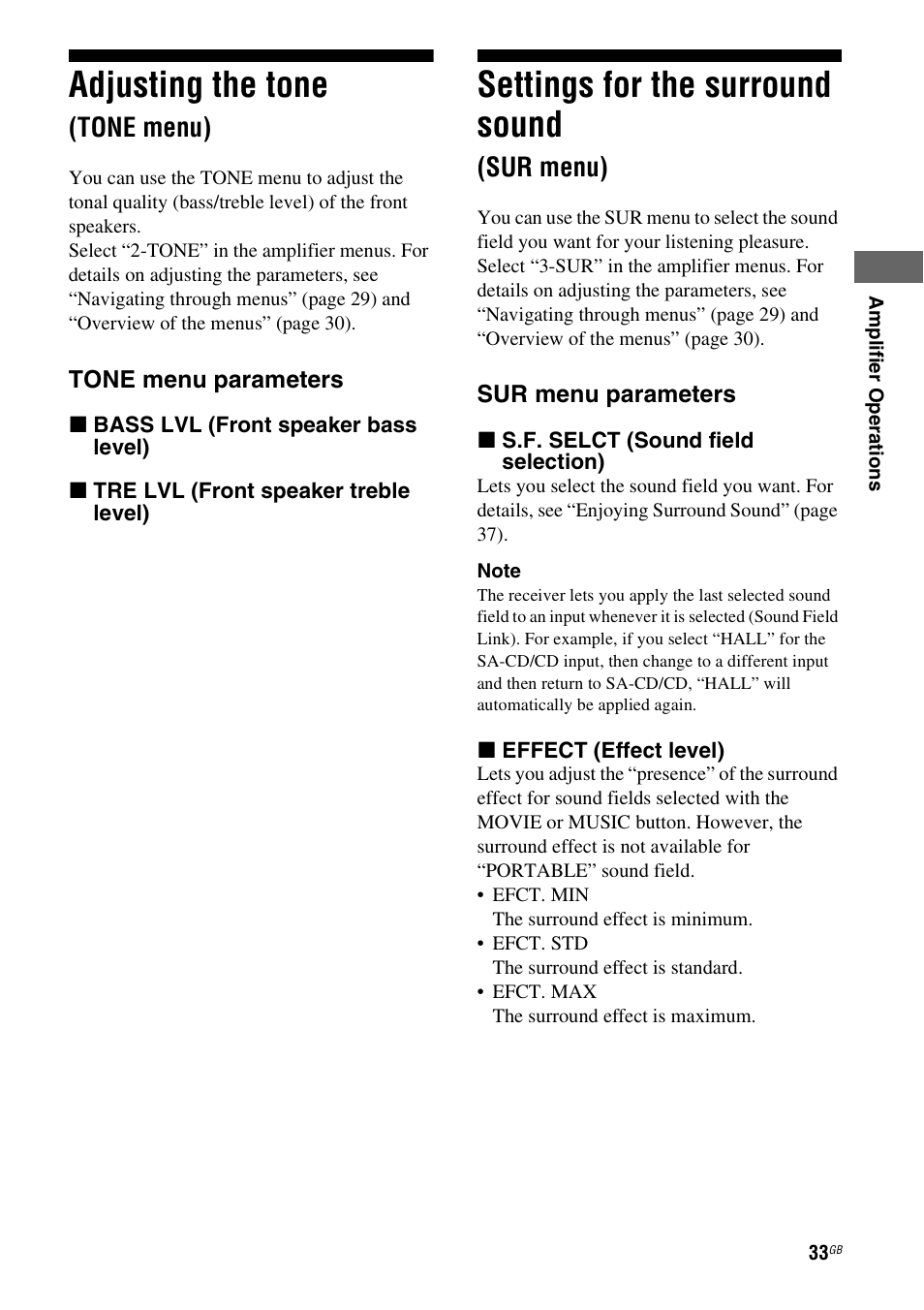 Adjusting the tone (tone menu), Settings for the surround sound (sur menu), Sur menu) | Adjusting the tone, Settings for the surround sound, Tone menu) | Sony model HTP-78SS User Manual | Page 33 / 60