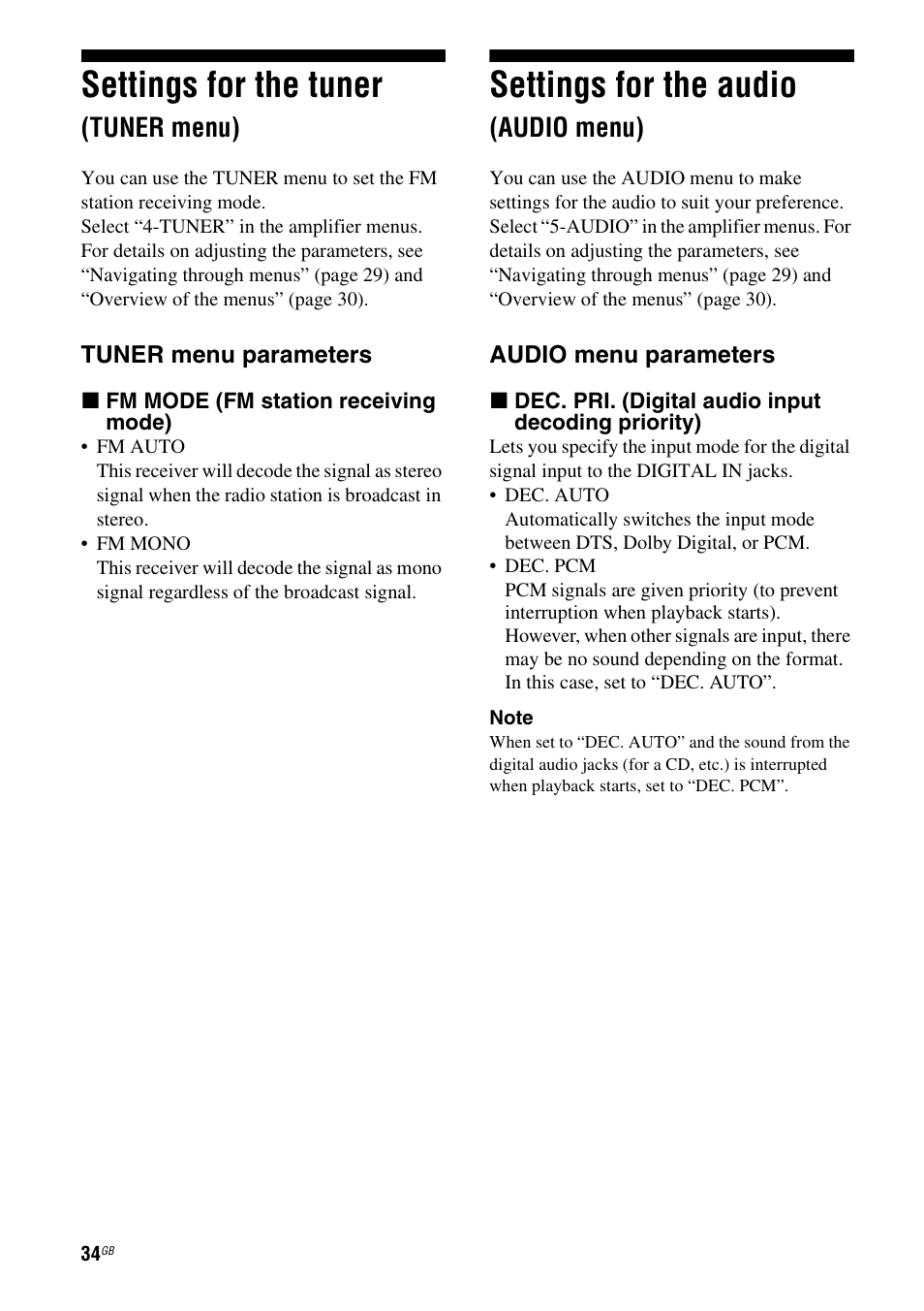 Settings for the tuner (tuner menu), Settings for the audio (audio menu), Settings for the tuner | Settings for the audio, Tuner menu), Audio menu) | Sony model HTP-78SS User Manual | Page 34 / 60