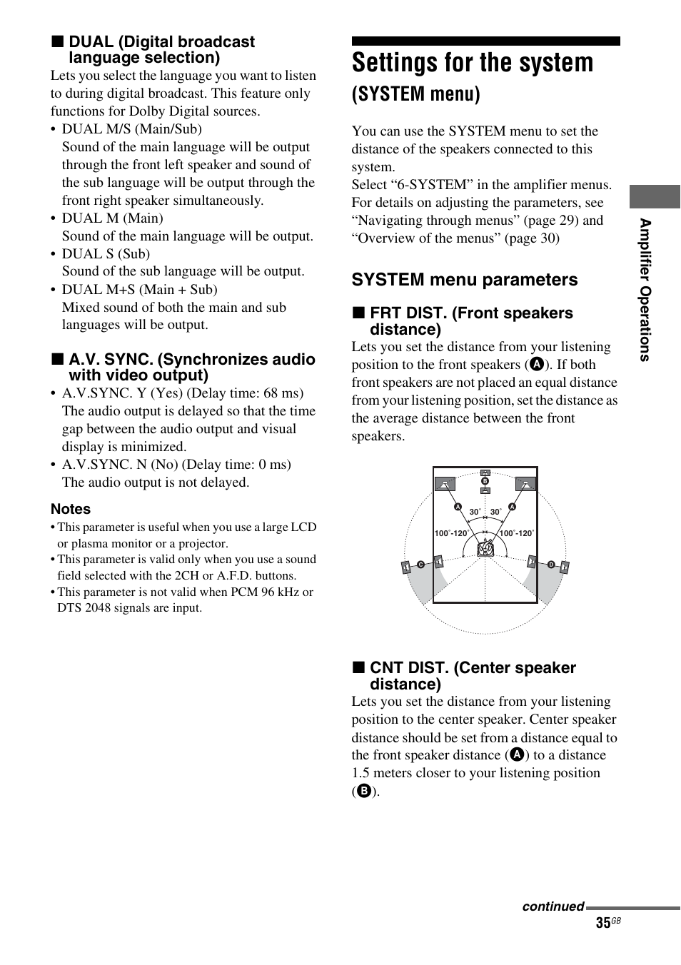 Settings for the system (system menu), Settings for the system, System menu) | System menu parameters | Sony model HTP-78SS User Manual | Page 35 / 60
