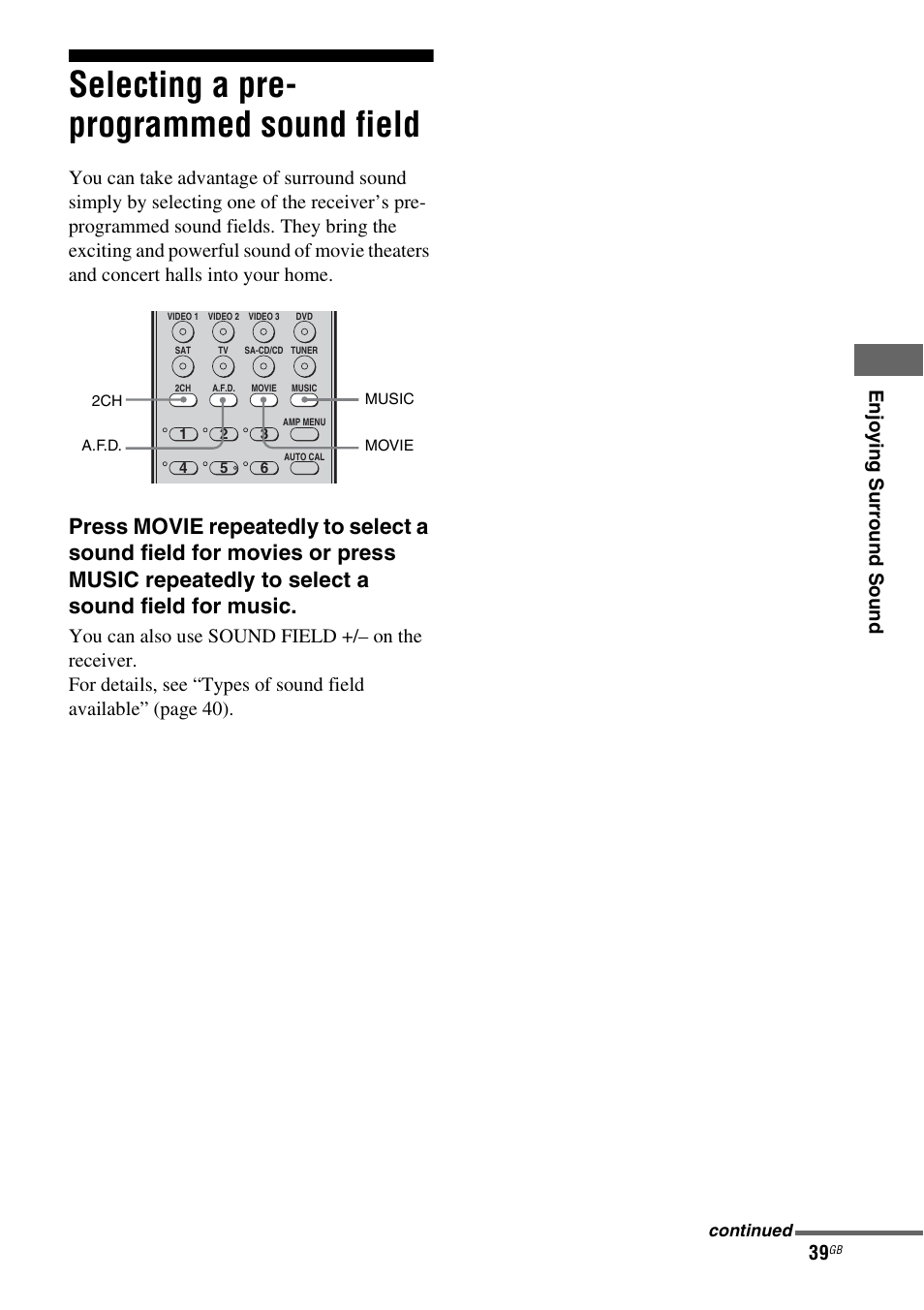 Selecting a pre- programmed sound field, Selecting a pre-programmed sound field, En jo ying surr o und s ound | Sony model HTP-78SS User Manual | Page 39 / 60
