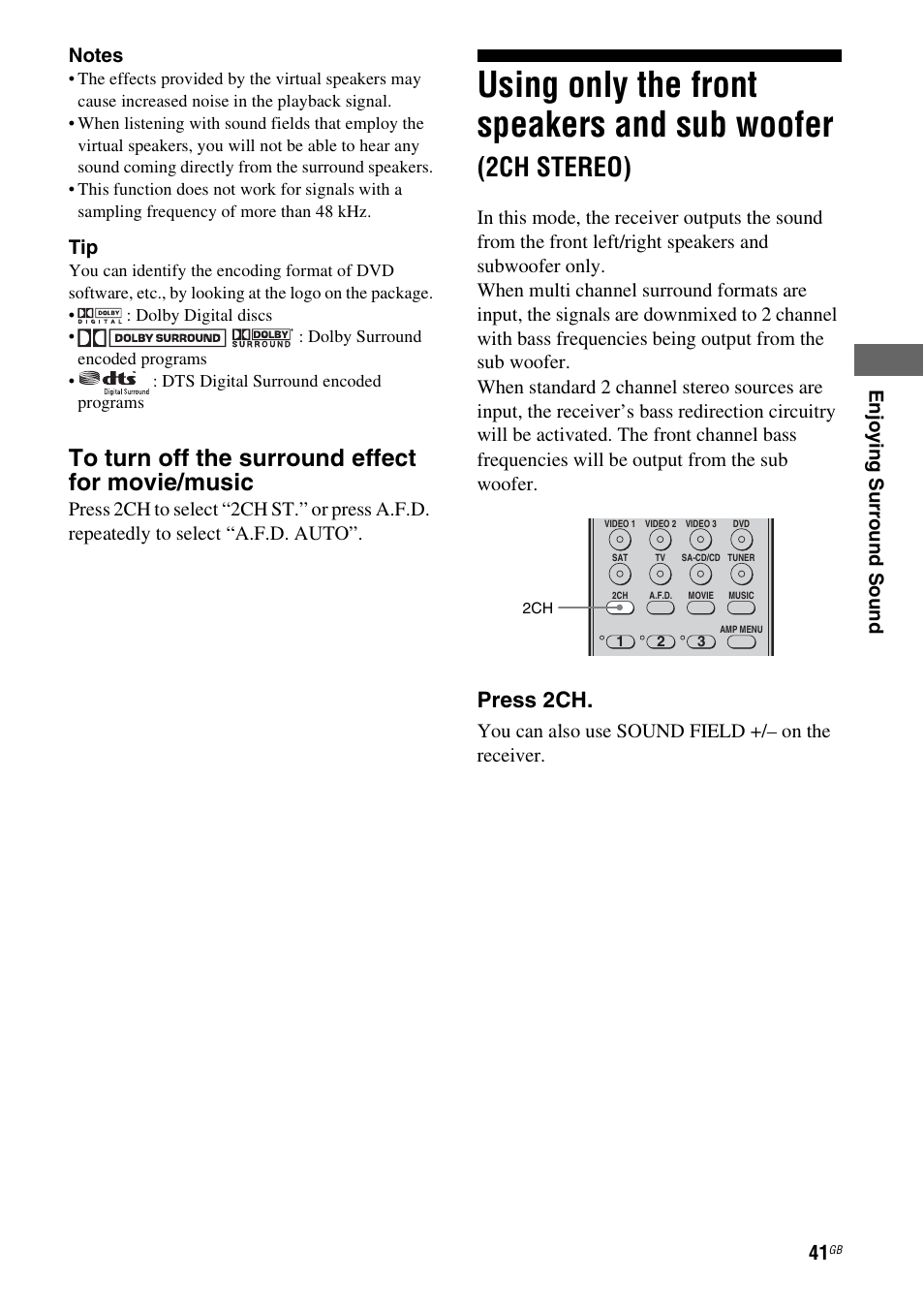 Using only the front speakers and sub, Woofer (2ch stereo), Using only the front speakers and sub woofer | 2ch stereo), Press 2ch | Sony model HTP-78SS User Manual | Page 41 / 60