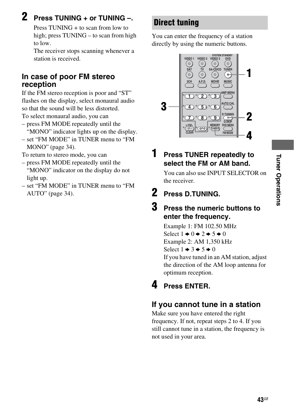 Direct tuning, If you cannot tune in a station | Sony model HTP-78SS User Manual | Page 43 / 60