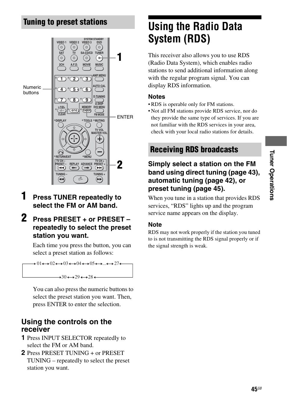 Using the radio data system (rds), Tuning to preset stations, Receiving rds broadcasts | Using the controls on the receiver, Press tuner repeatedly to select the fm or am band | Sony model HTP-78SS User Manual | Page 45 / 60
