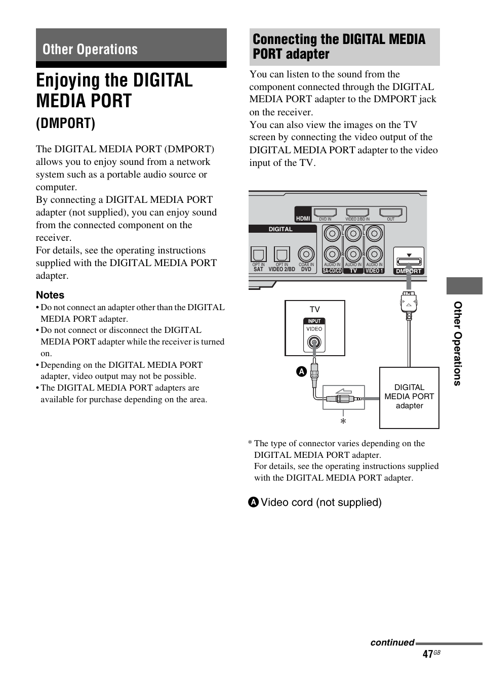 Other operations, Enjoying the digital media port (dmport), Enjoying the digital media port | Dmport), Avideo cord (not supplied) a | Sony model HTP-78SS User Manual | Page 47 / 60