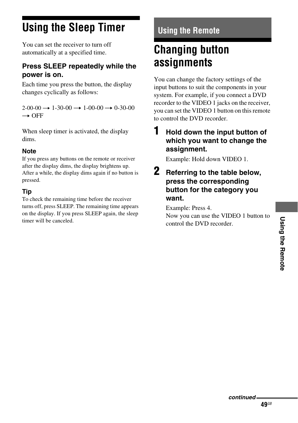 Using the sleep timer, Using the remote, Changing button assignments | Sony model HTP-78SS User Manual | Page 49 / 60