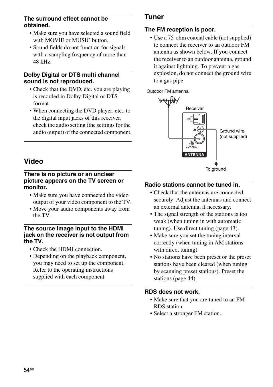 Video, Tuner | Sony model HTP-78SS User Manual | Page 54 / 60