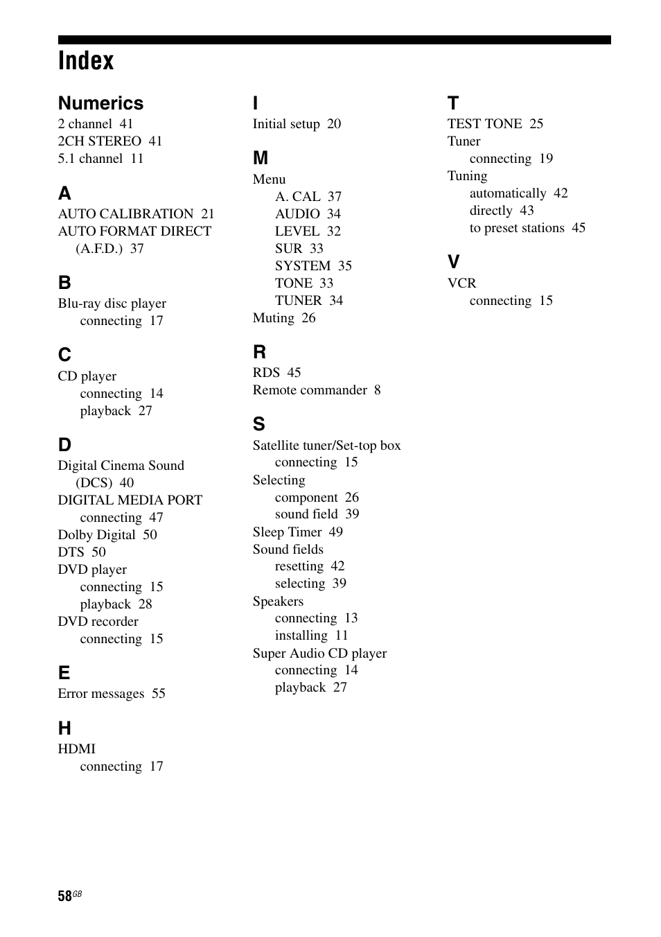 Index, Numerics | Sony model HTP-78SS User Manual | Page 58 / 60