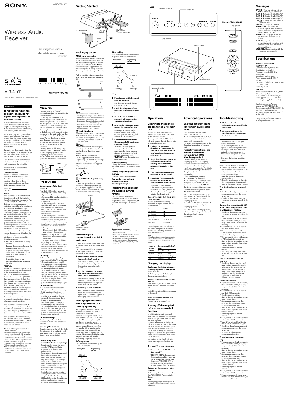 Sony S-AIR AIR-A10R User Manual | 2 pages