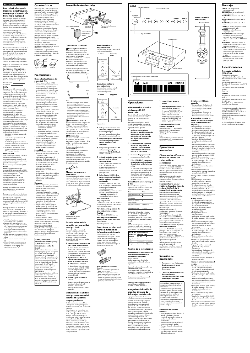 Mensajes, Especificaciones, Características | Precauciones, Procedimientos iniciales, Operaciones, Operaciones avanzadas, Solución de problemas | Sony S-AIR AIR-A10R User Manual | Page 2 / 2