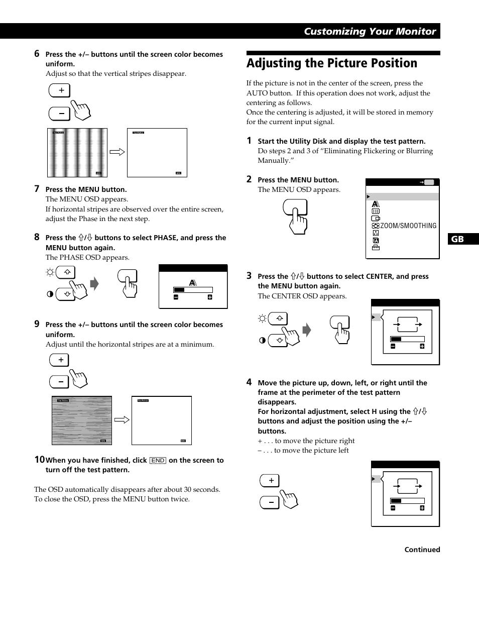 Adjusting the picture position, Réglage de la position de l’image, Einstellen der bildposition | Ajuste de la posición de la imagen, Regolazione della posizione dell’immagine | Sony CPD-L181 User Manual | Page 11 / 96