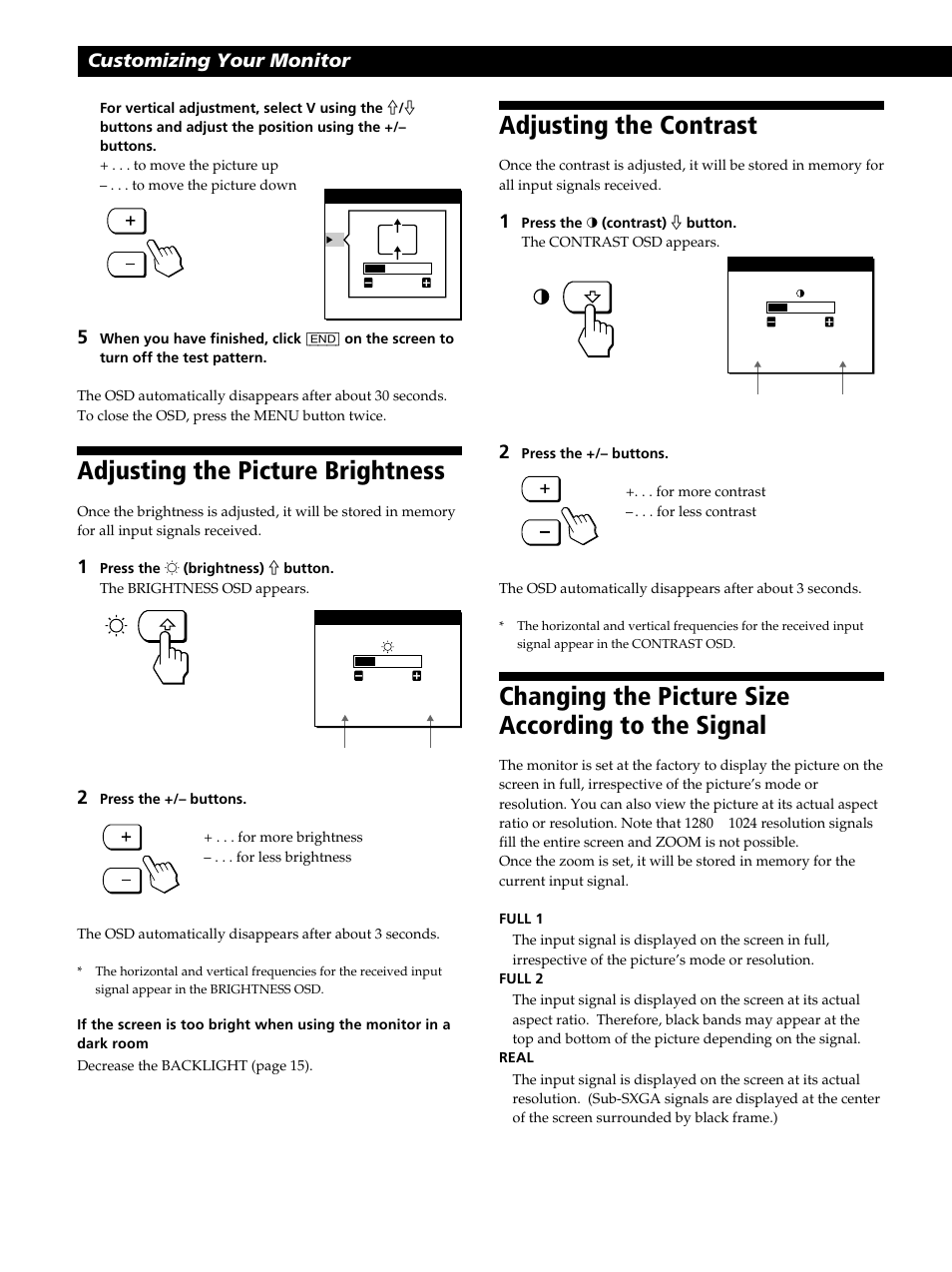 Adjusting the picture brightness, Adjusting the contrast, Changing the picture size according to the signal | Réglage de la luminosité de l’image, Réglage du contraste, Einstellen der bildhelligkeit, Einstellen des kontrasts, Ändern der bildgröße je nach signal, Ajuste del brillo de la imagen, Ajuste del contraste | Sony CPD-L181 User Manual | Page 12 / 96